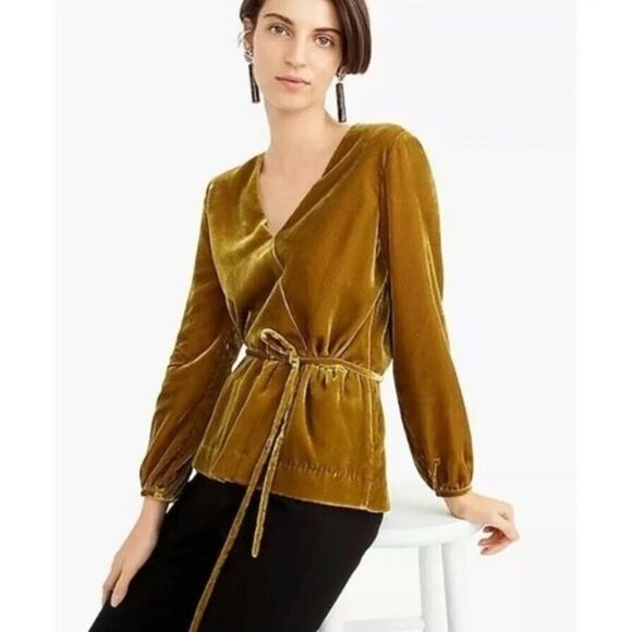 J. Crew Gold Crushed Velvet Faux Side Wrap Blouse Size 0 - Picture 1 of 11